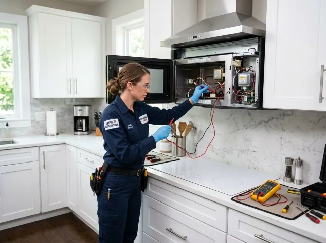 Appliance Repair Hero technician testing an over-the-range microwave in a Ashburn, VA kitchen
